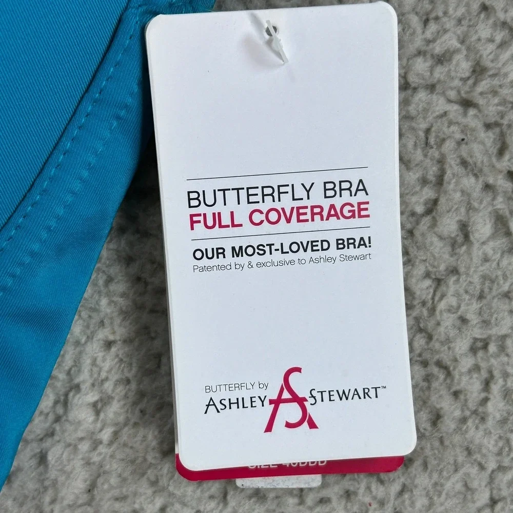 Ashley Stewart Butterfly Full Coverage Bra 40DDD Teal Blue Wide Gel Straps NEW